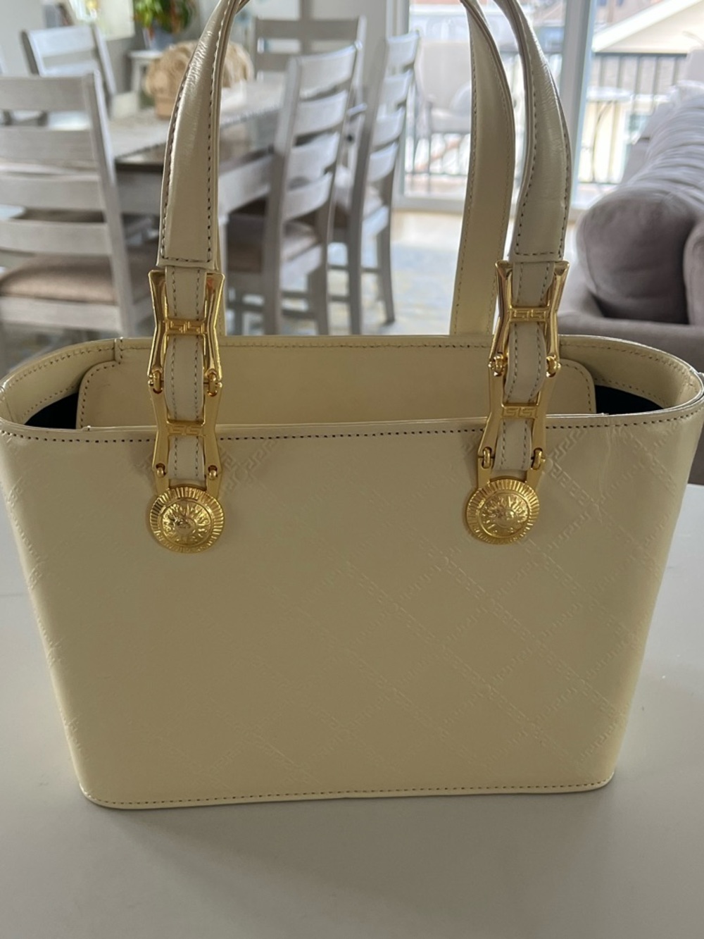 Vintage Gianni Versace Cream Embossed Leather Sunburst Medusa Top Handle Tote